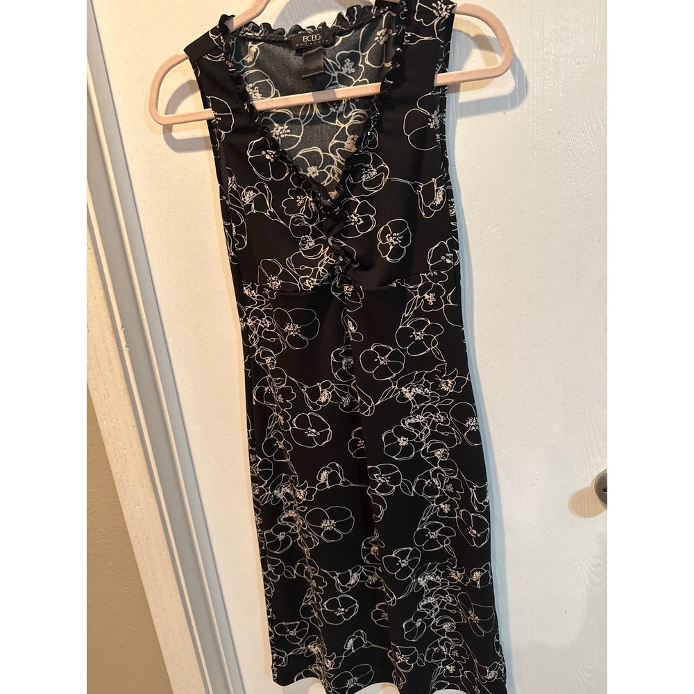 BCBG Max Azria Black White Floral Ruffle V-Neck Sleeveless Midi Dress Small